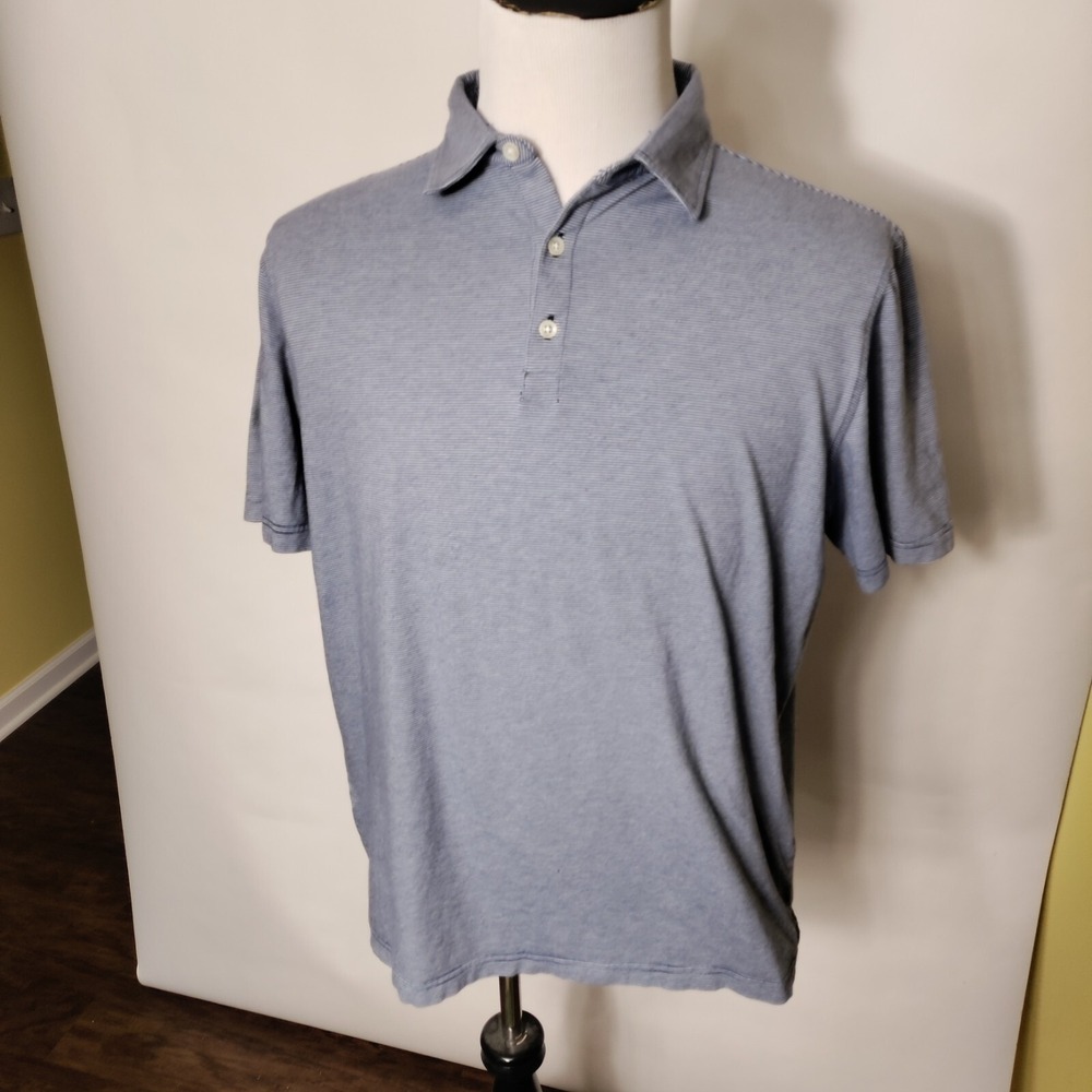 Peter Millar Polo Shirt L Blue S/S  Stripe Crown Soft Pima Ctn and Silk -‎ holes
